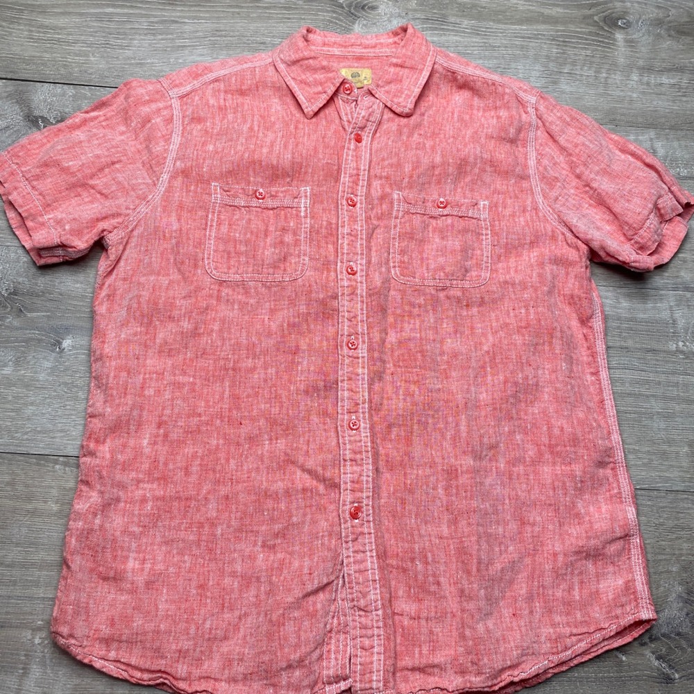 Trevero Shirt Mens Large Coral Red 100% Linen Short Sleeve Button Down Casual